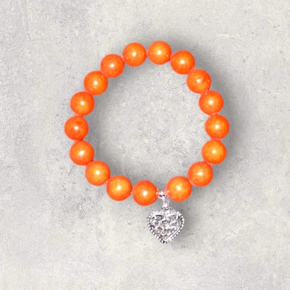 Elegant Orange Beaded Bracelet with Heart Charm - Picture 1 of 2